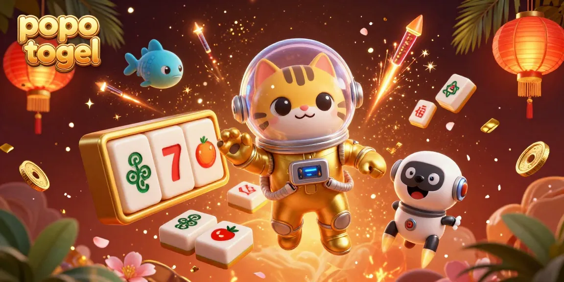Engage in popo togel with a dynamic 3D scene depicting a space cat, robot dog, and vibrant casino elements.