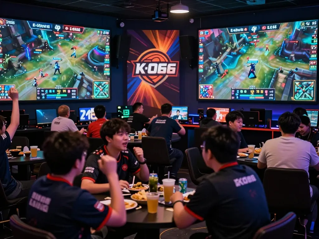E-Sports KO66 betting action thrilling fans at a dynamic e-sports tournament with live game screens.
