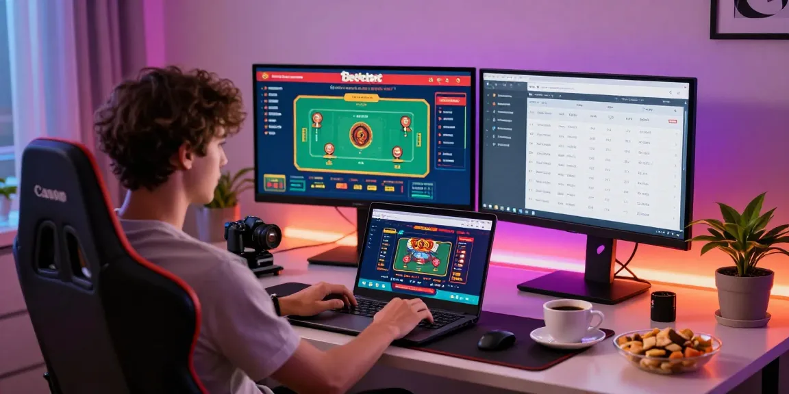 Exciting online betting setup with Betebet displayed on laptops and monitors, enhancing the gaming experience.