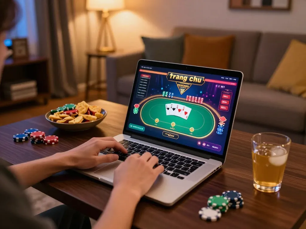 Engaged player enjoying 789win trang chu in a cozy home casino setup, vibrant gaming atmosphere.