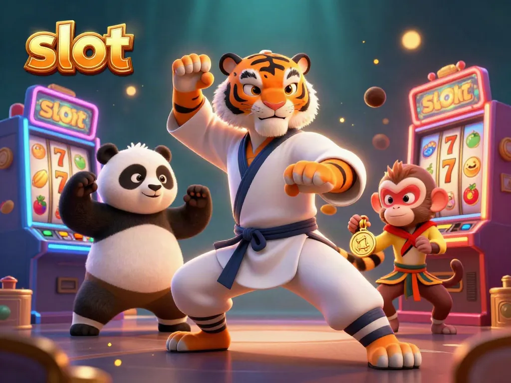Engaging slot machine scene featuring a kung fu tiger, panda, and monkey amidst colorful gaming elements.
