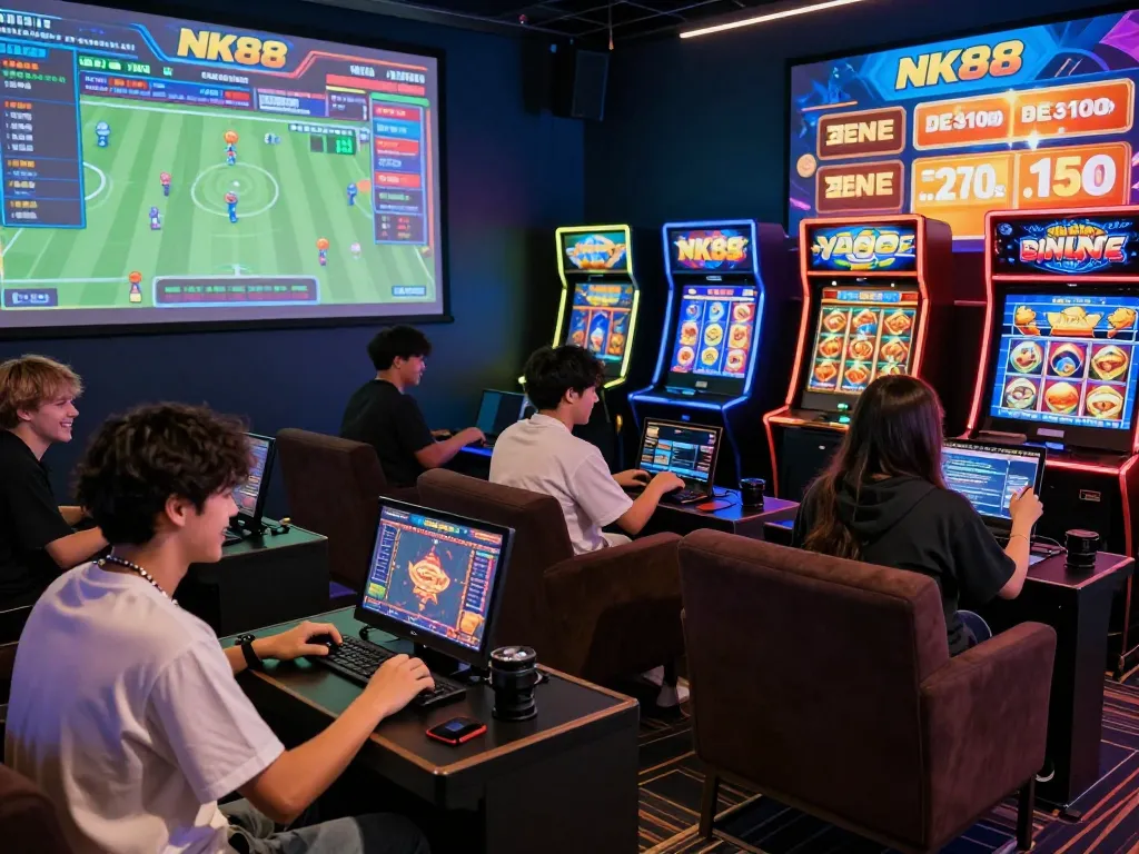 Gen Z players enjoying vibrant NK88 online gambling experience with engaging betting activities and lively atmosphere.