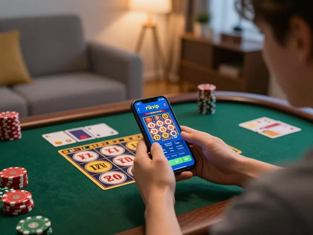 Playing rikvip casino games on mobile app while enjoying a cozy home atmosphere.