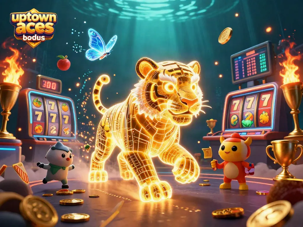Win with uptown aces bonus codes in a vibrant 3D casino landscape illustration.