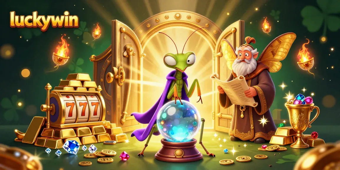 Experience the magic of luckywin with a whimsical 3D illustration showcasing fortune tellers and casino treasures.