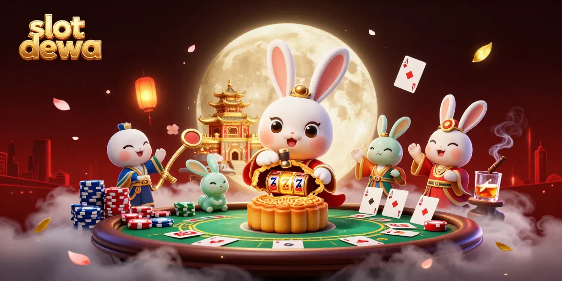 Permainan slot dewa yang menampilkan kelinci bulan memukul kue bulan dengan chip poker di sekitarnya.