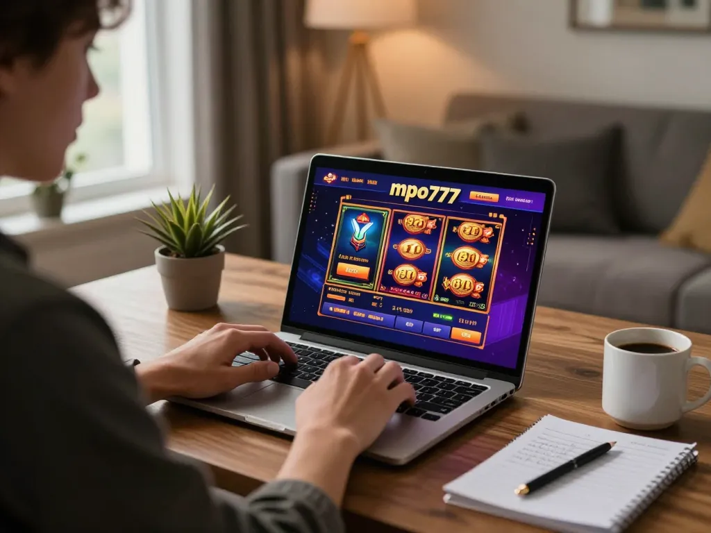 Pemain menikmati kasino online mpo777 di laptop di rumah dengan antarmuka permainan slot yang cerah terlihat