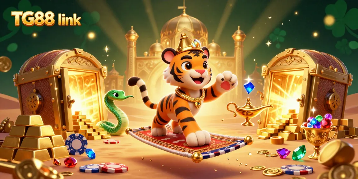 Engage with the exciting TG88 link, exploring vibrant casino elements and characters amidst a dazzling treasure scene.