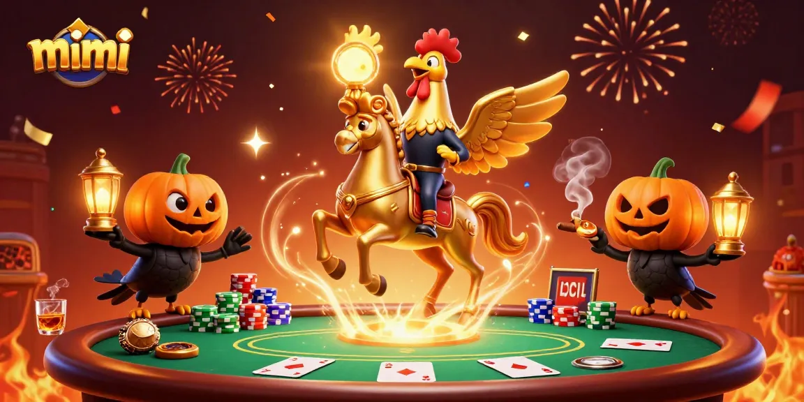 Join the action with mimi's vibrant casino scene featuring a golden rooster and poker elements.