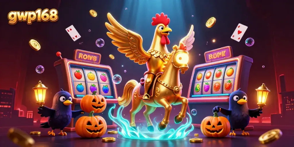 GWP168 momen seru di kasino malam dengan simbol slot dan koin berkilau.