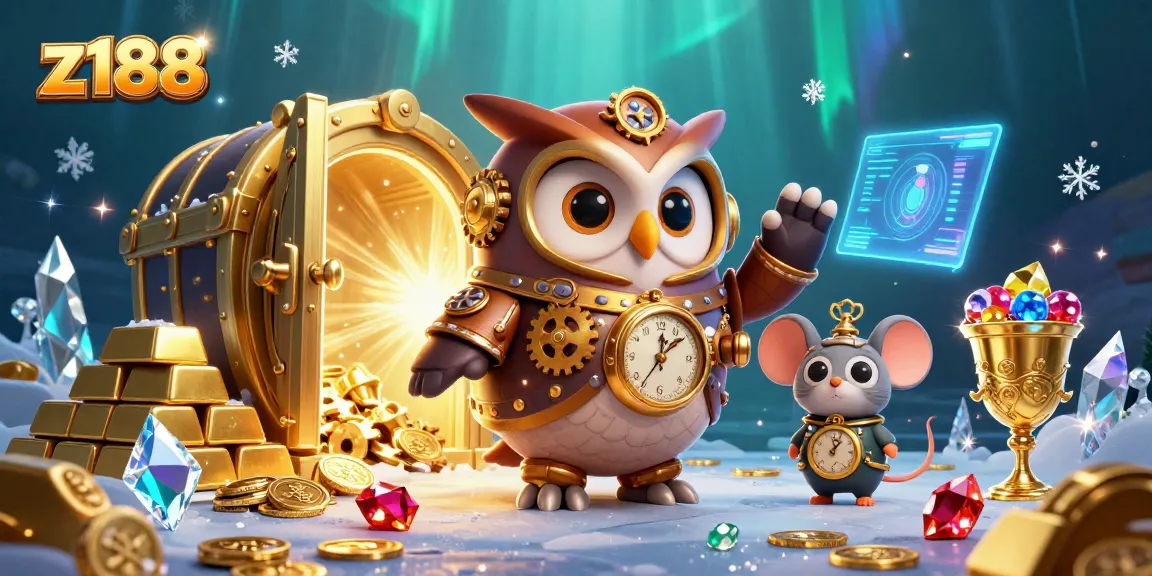 Experience thrilling gameplay at z188 with a lively casino scene featuring an owl and treasures.