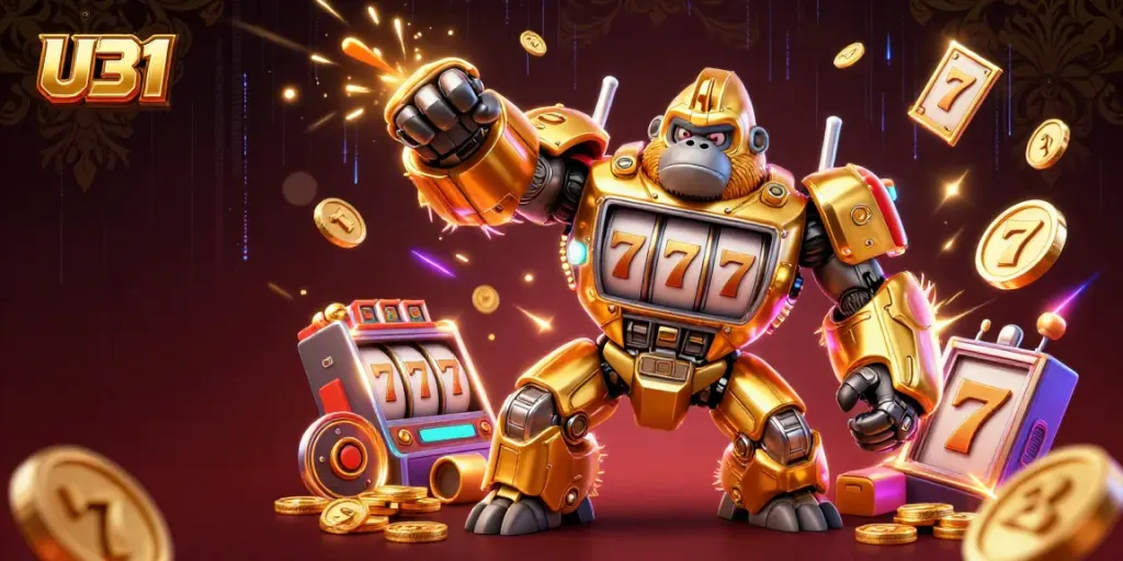 Play thrilling slots with U31's golden gorilla mech surrounded by jackpot reels and coins.