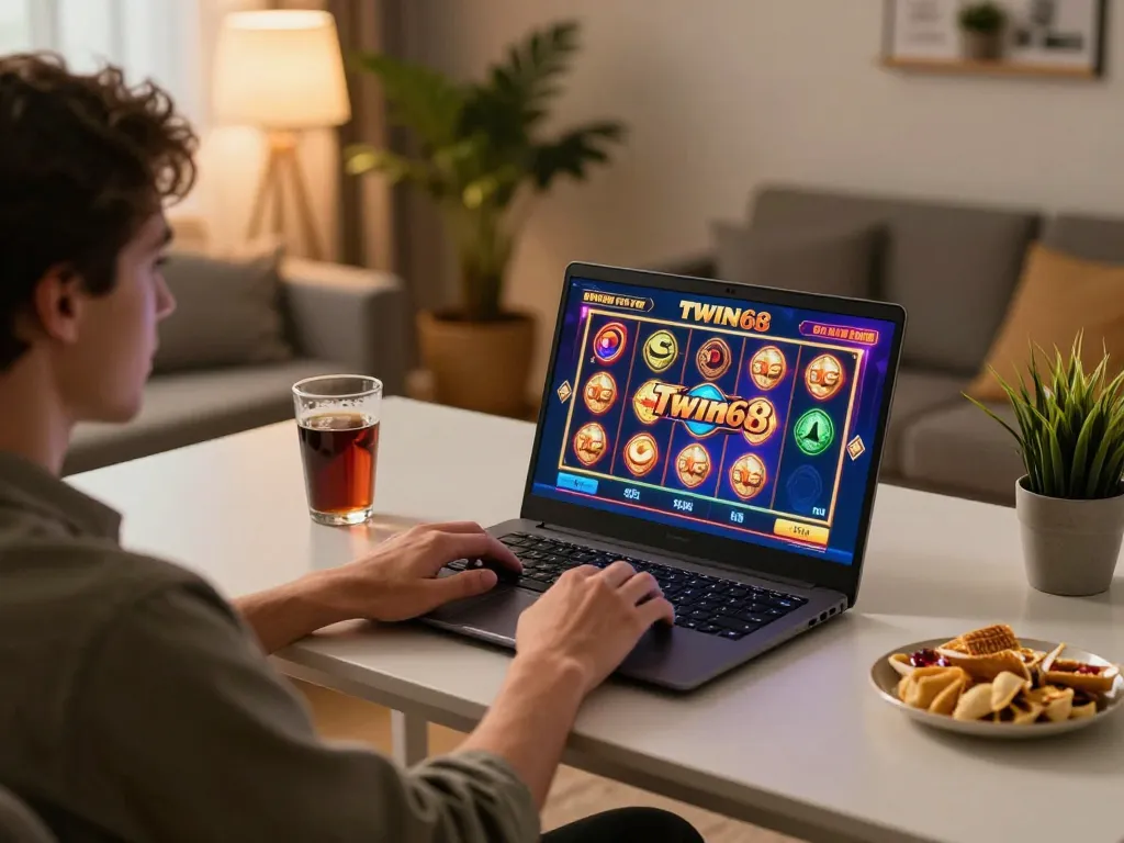 TWIN68 gaming setup showcasing online slots on a laptop with ambiance for responsible gambling.