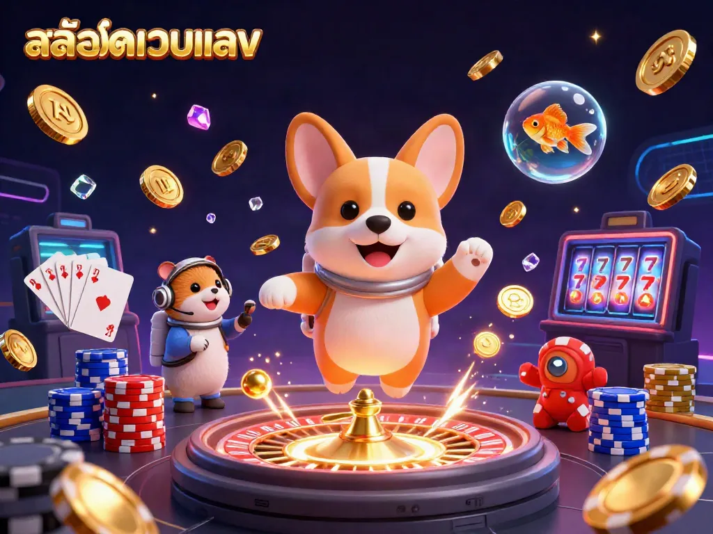 Experience the excitement of สล็อตเว็บตรง with floating poker chips and golden coins in a vibrant casino scene.