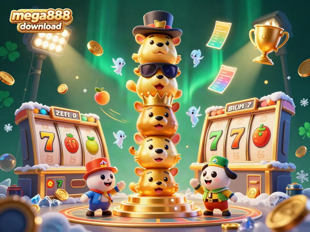 Engage with the mega888 download as vibrant slot reels and golden coins swirl around a totem pole, creating an energetic casino atmosphere.