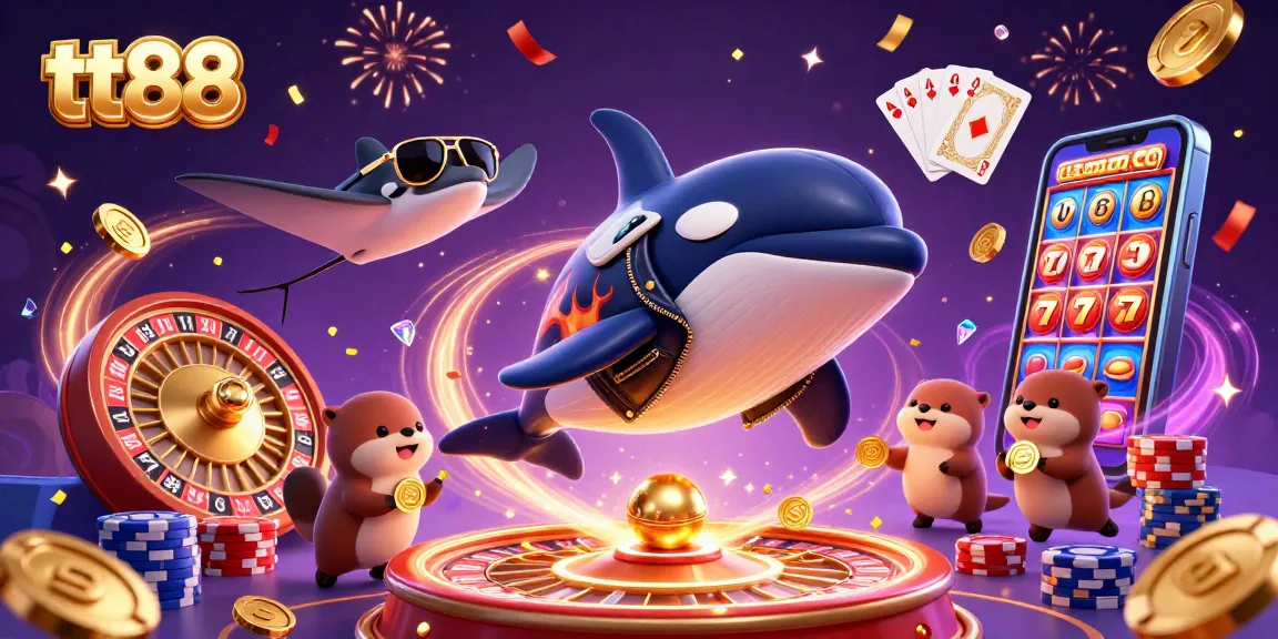 tt88 showcases an orca in a biker jacket, lively sea otters, and gems in a casino-themed scene