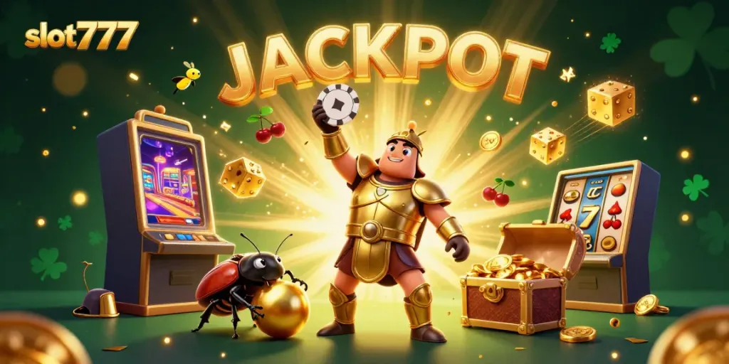 Play thrilling slot777 games with cartoon characters celebrating jackpot wins amidst vibrant casino elements.