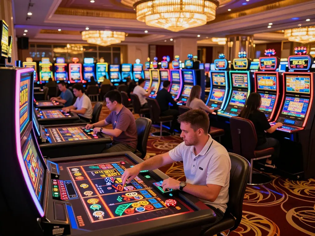 Players enjoying thrilling slot games at OK365 casino, vibrant atmosphere with colorful machines.