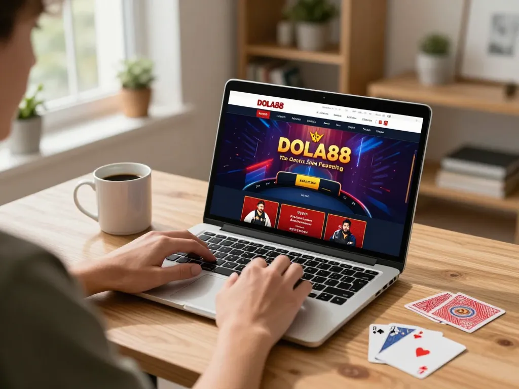 Playing online poker at https://dola88vn.com/ on a laptop in a cozy home office setting.