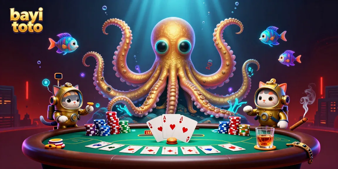 Bayi toto showcases thrilling gameplay surrounded by poker elements and vibrant underwater characters.