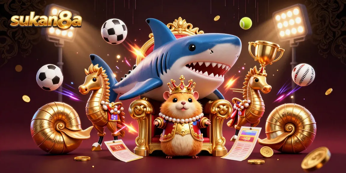 Sukan8a showcases a golden hamster king atop a megalodon tooth throne, surrounded by explosive sports betting elements.