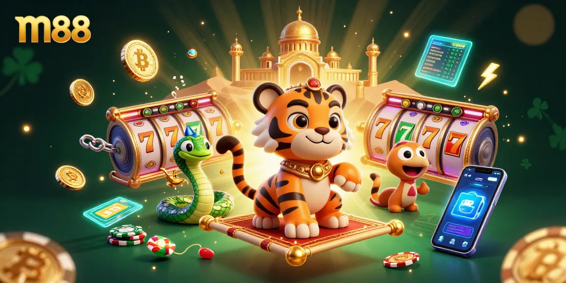Spin jackpots at m88 with a magical tiger sultan amidst vibrant casino elements in this 3D illustration.