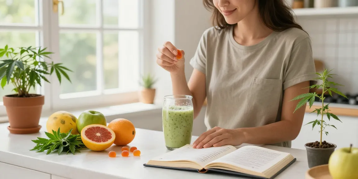 THC edibles UK featured in a natural wellness kitchen setting with healthy smoothie and CBD products.