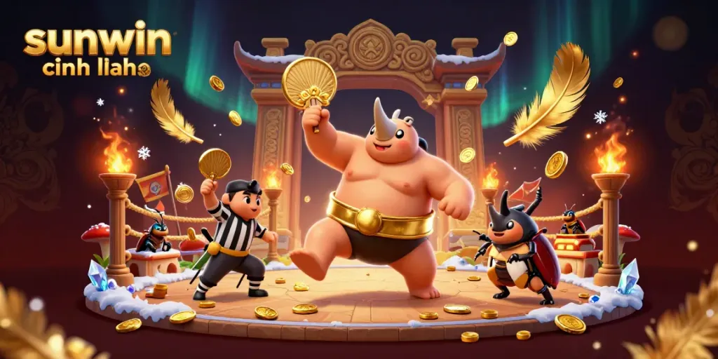 Experience the excitement of sunwin chính hãng with a thrilling beetle sumo battle sending coins flying in a vibrant arena.