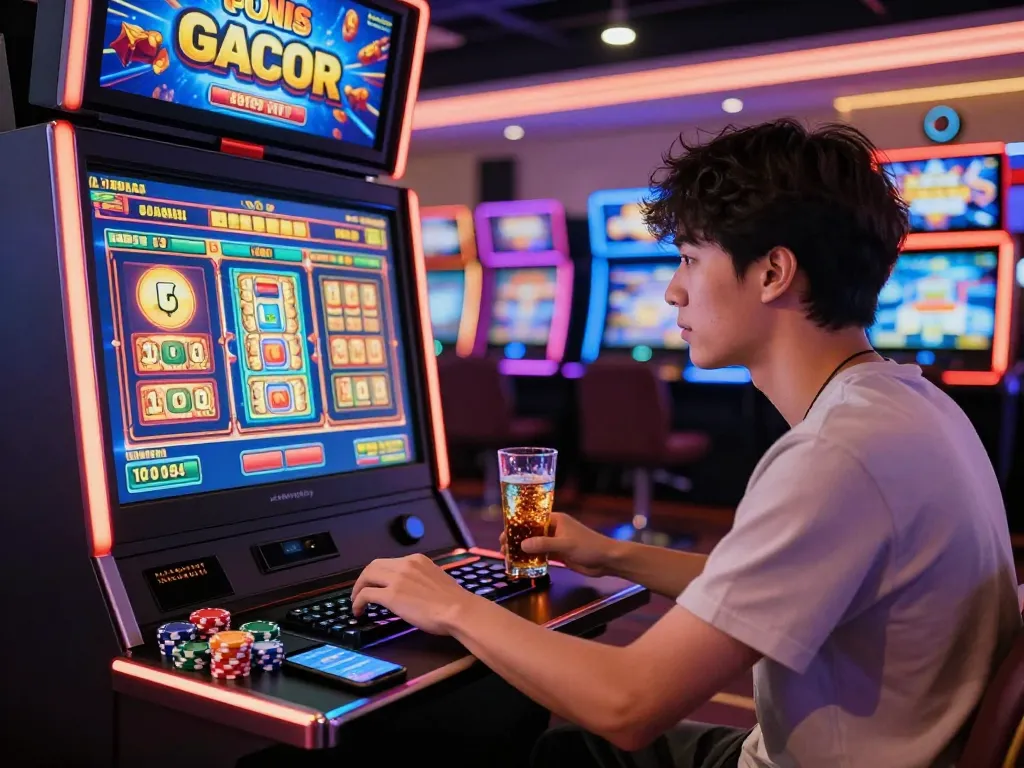 Pemain menarik yang menikmati slot gacor di kasino online yang hidup, diterangi oleh layar digital berwarna-warni dan lampu neon.