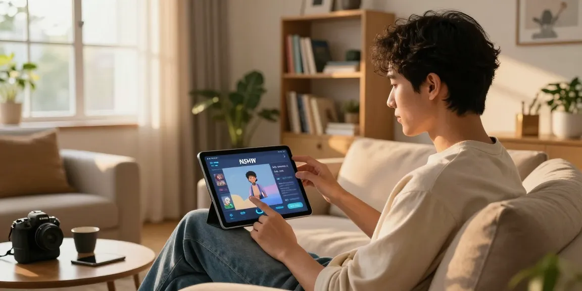User engaging with nsfw ai application on tablet in modern living room, showcasing interactive character and cozy atmosphere.