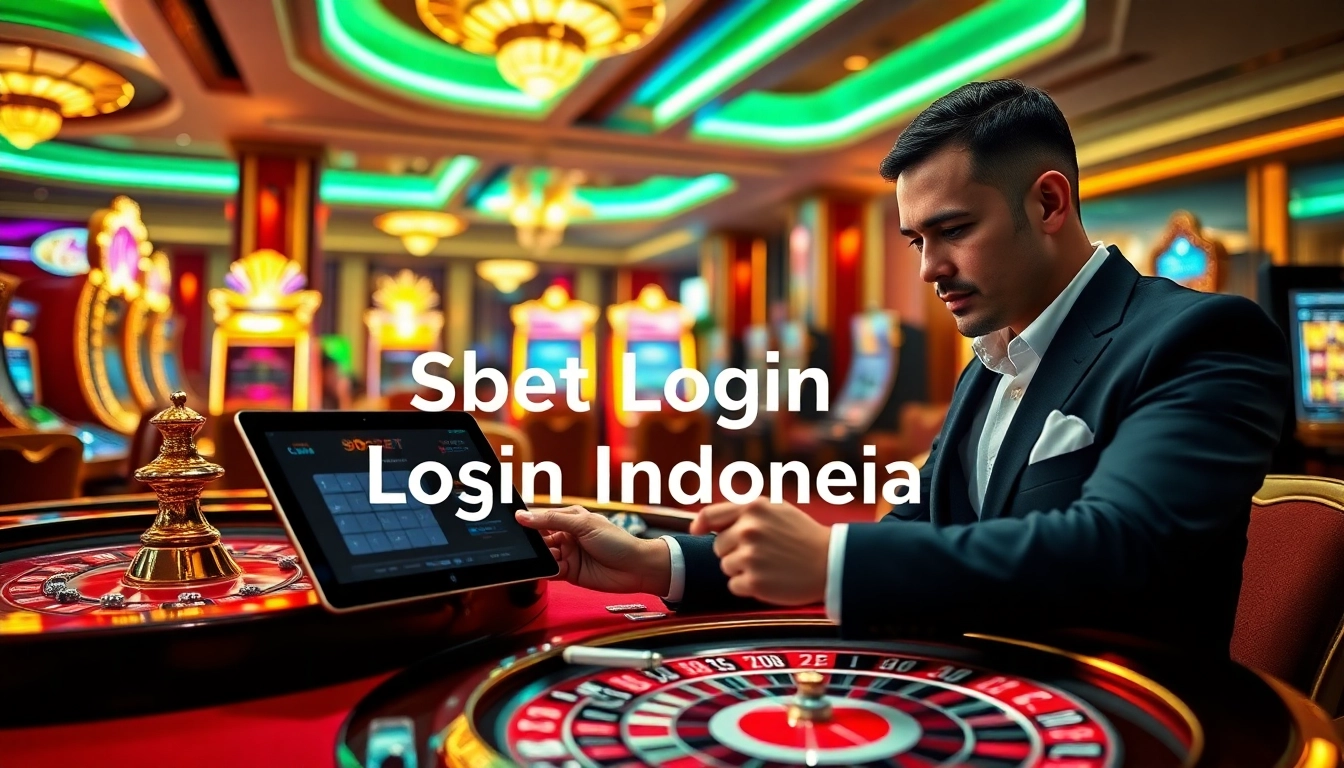 Sbobet login Indonesia showcased on a tablet amidst a thrilling casino atmosphere with roulette and slot machines.