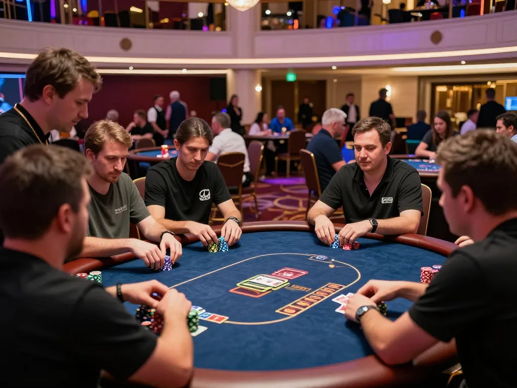 Players strategizing during an intense poker game at casinosscope event in a luxurious casino.