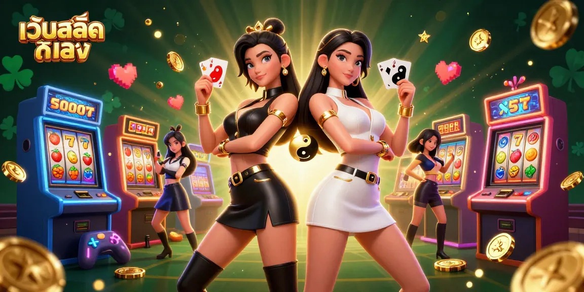 Experience เว็บสล็อตตรง sensation with stunning twin Asian women showcasing their cards amidst exhilarating slot machine elements.