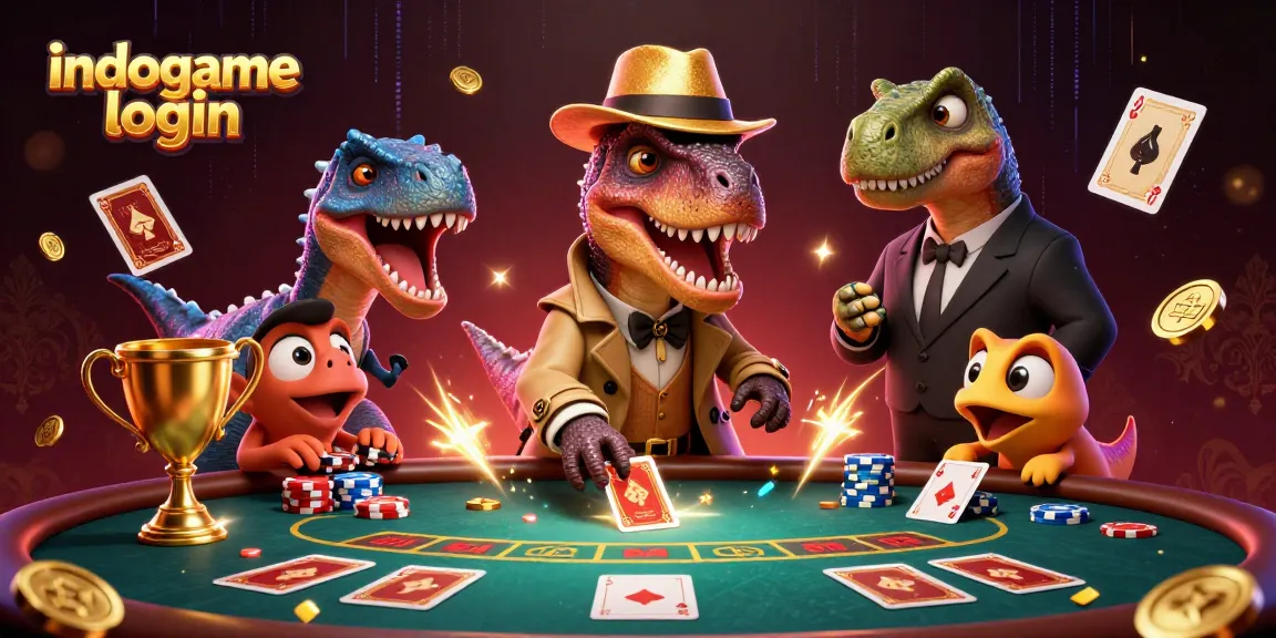 Experience excitement with indogame login at the poker table featuring animated dinosaur characters.