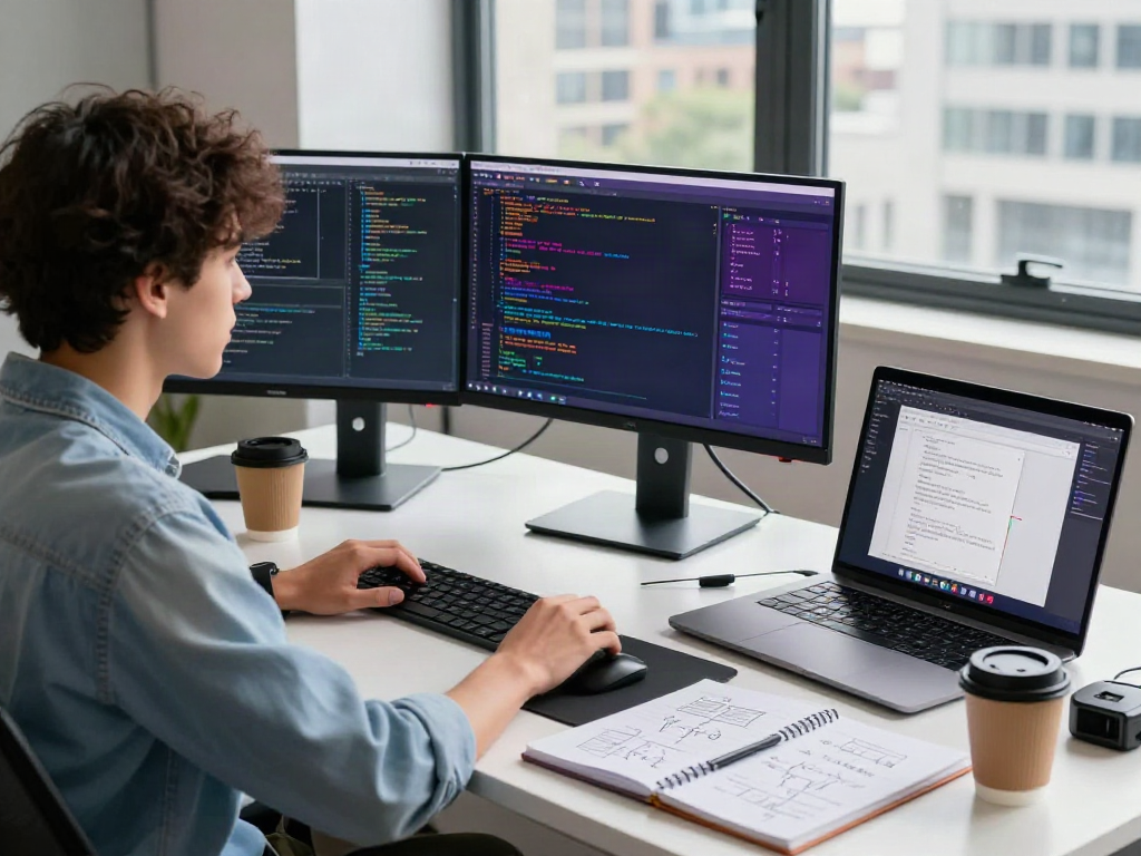 Engaging workspace showcasing a developer coding, highlighting tautan ini in a vibrant tech environment.