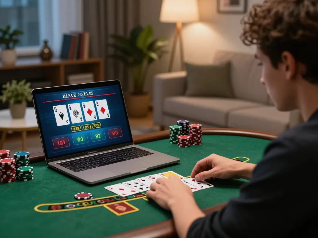 Open88 user joyfully engaging in live dealer blackjack at home, showcasing easy navigation and strategic gameplay.