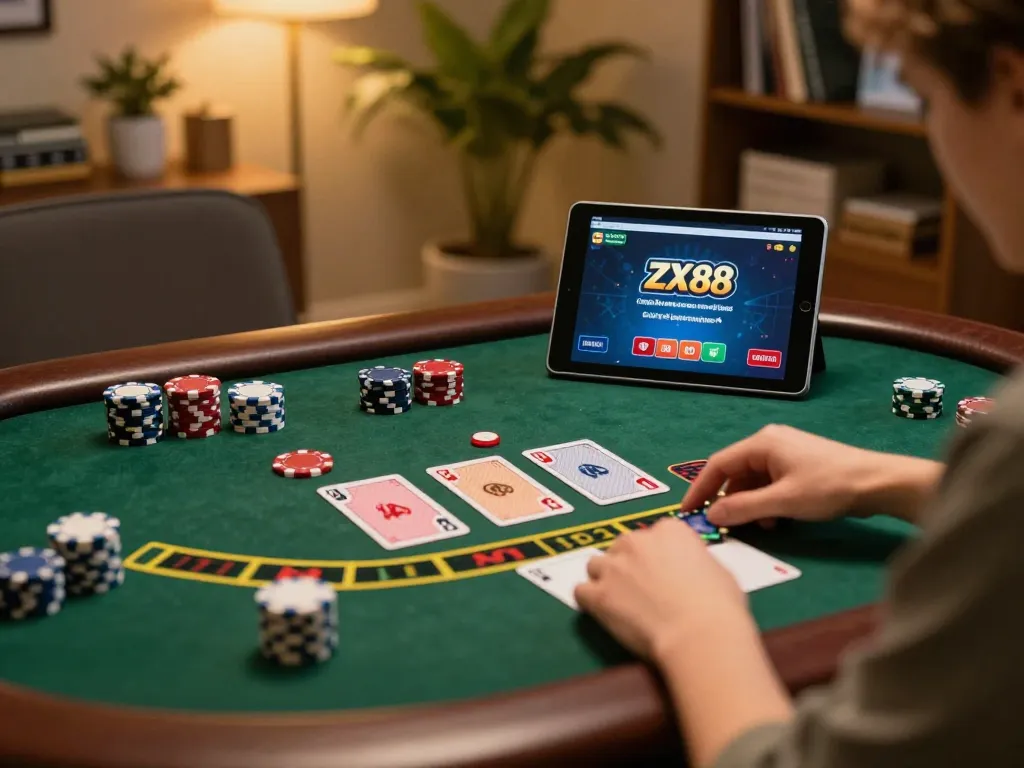 Player experiencing live baccarat on tablet with ZX88 logo, showcasing exciting online gambling.
