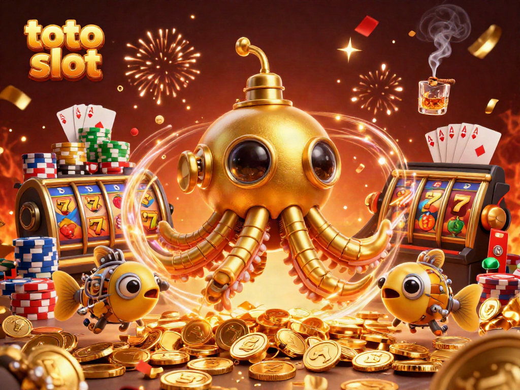 Engage with the immersive toto slot gaming experience featuring a golden kraken and vibrant casino elements.