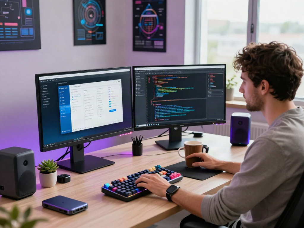 Developer using ALO8APP WIN in a vibrant innovation workspace with dual monitors and tech gadgets.