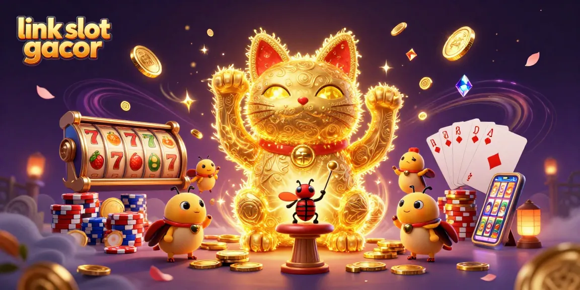 Engage with link slot gacor through a vibrant 3D illustration of a golden lucky cat amidst dynamic casino elements.