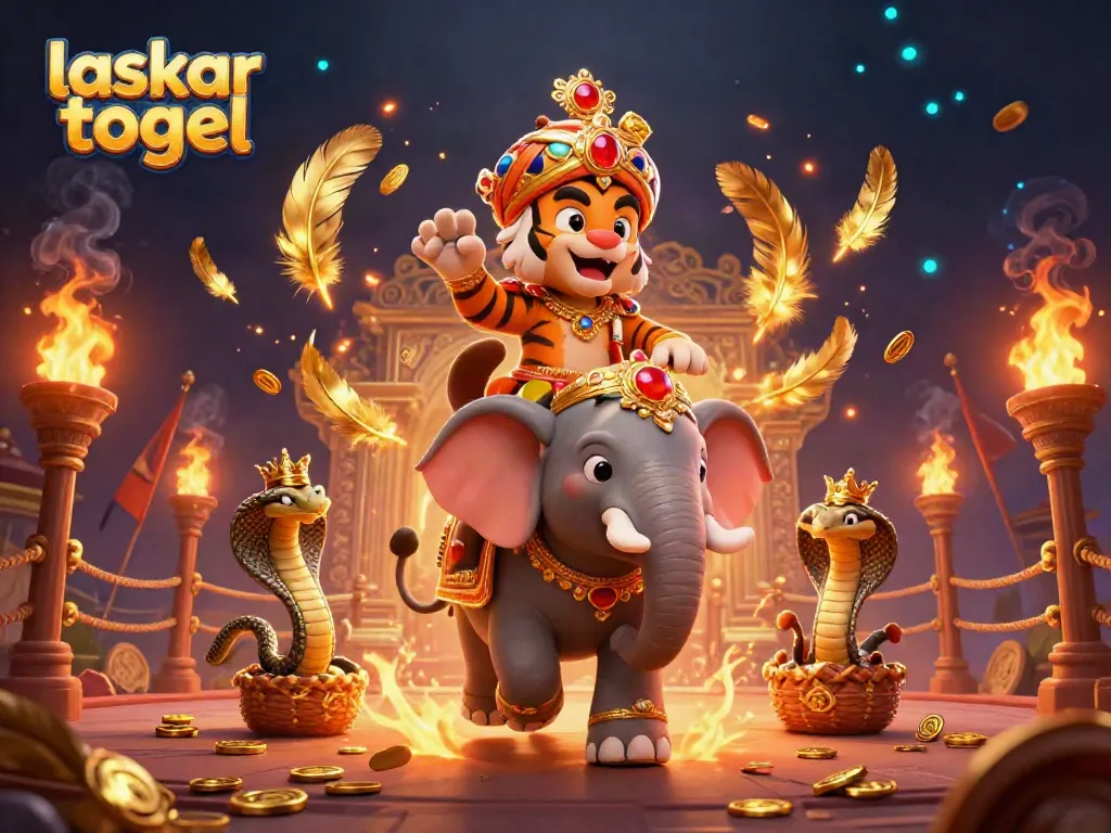 Experience the thrill of laskar togel with a vibrant 3D scene featuring majestic characters and casino elements.