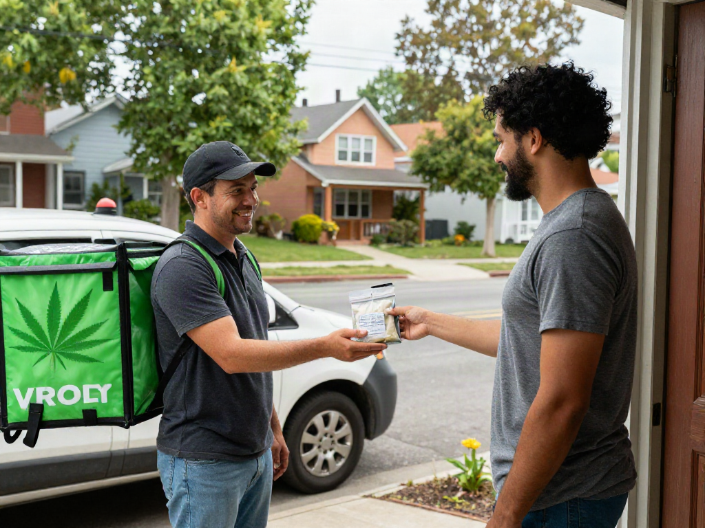 Weed drop off near me, delivery driver handing a package to a customer in a cozy neighborhood.