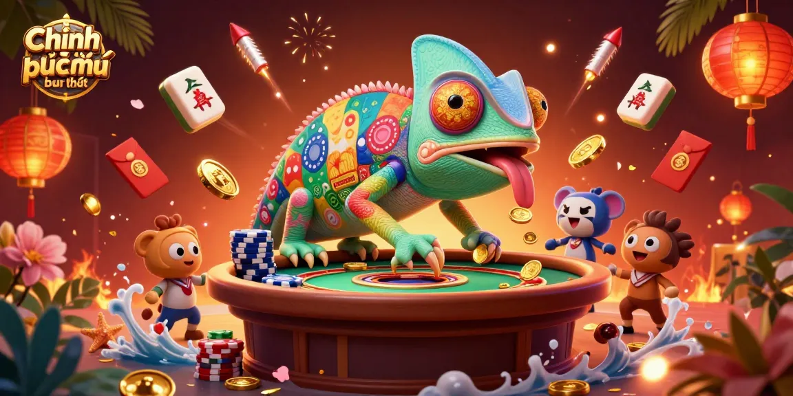 Engaging scene showcasing Chính sách bảo mật with a chameleon casino owner amidst vibrant gambling elements like coins and lanterns.