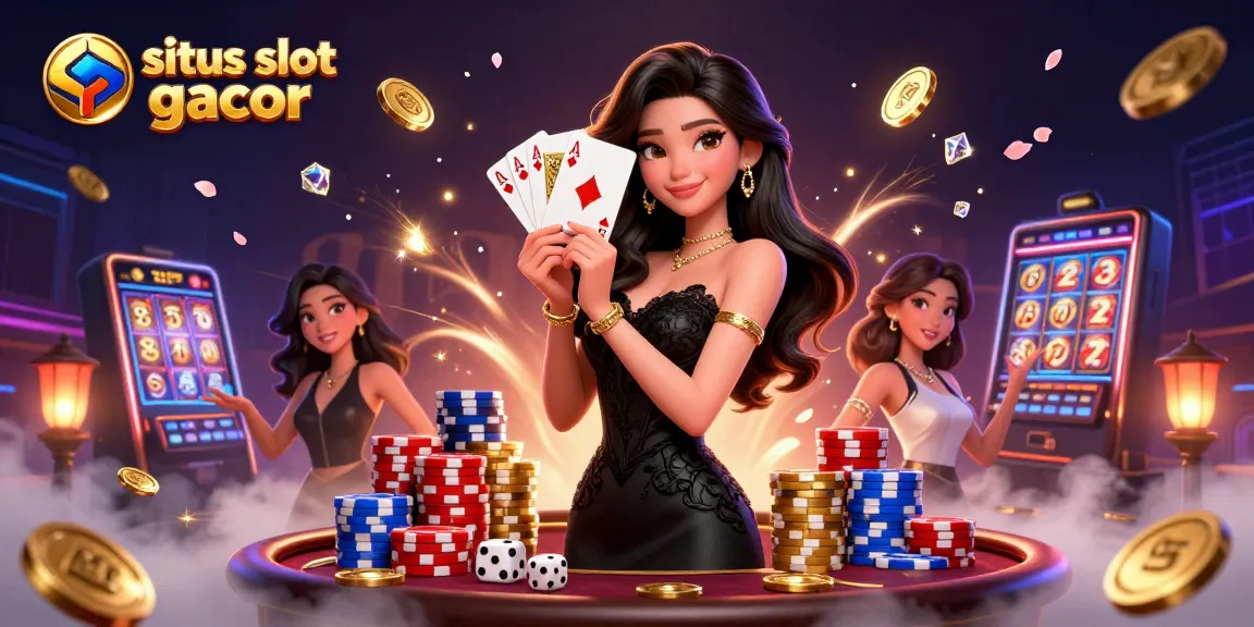Experience wins at situs slot gacor with a glamorous dealer showcasing poker cards and gold.