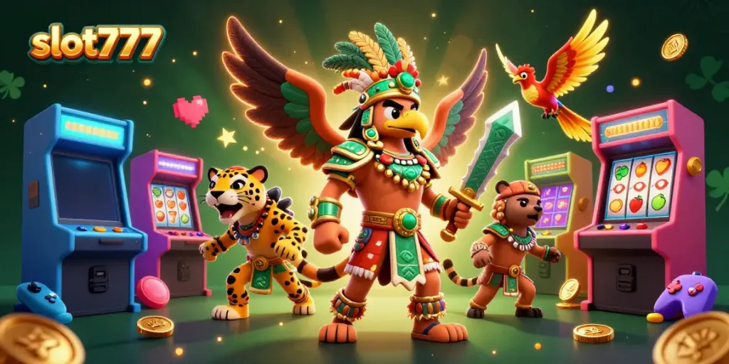 Menangkan jackpot dengan slot777 dalam ilustrasi 3D yang menampilkan pejuang Aztec dan mesin slot.