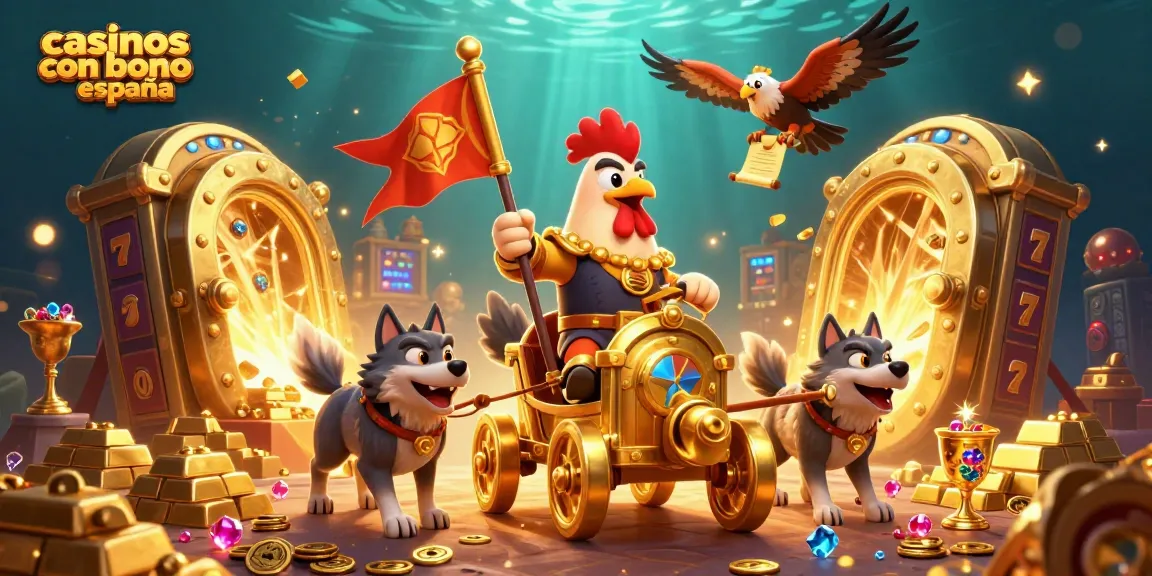 Engage with casinos con bono españa featuring 3D cartoon characters amidst treasure, slot machines, and dynamic casino elements.