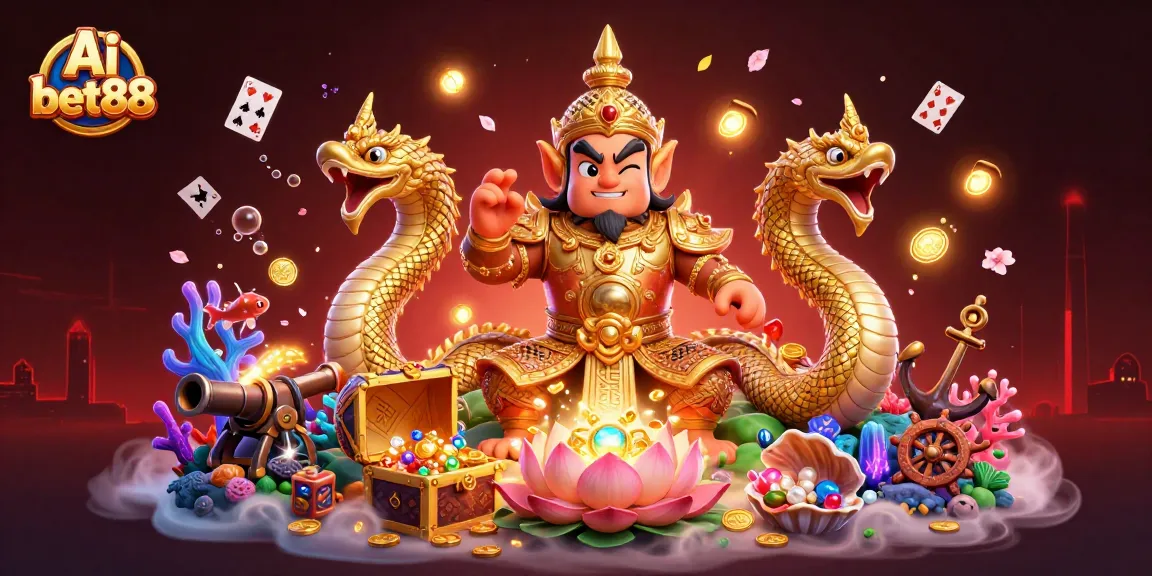 Ai bet88 presents a vibrant 3D casino illustration featuring a Thai guardian and Naga serpents amidst treasure, enhancing excitement.