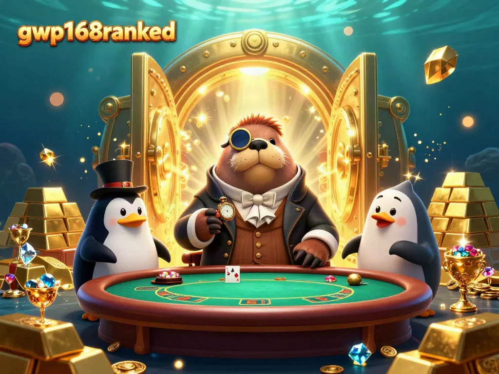 Gambarkan aksi menarik dari gwp168ranked dengan walrus, penguin, dan ikan gula di meja poker bawah laut