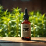 Showcasing CBD Oil in a natural setting with a hemp plant backdrop.