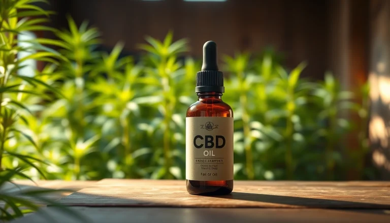 Showcasing CBD Oil in a natural setting with a hemp plant backdrop.